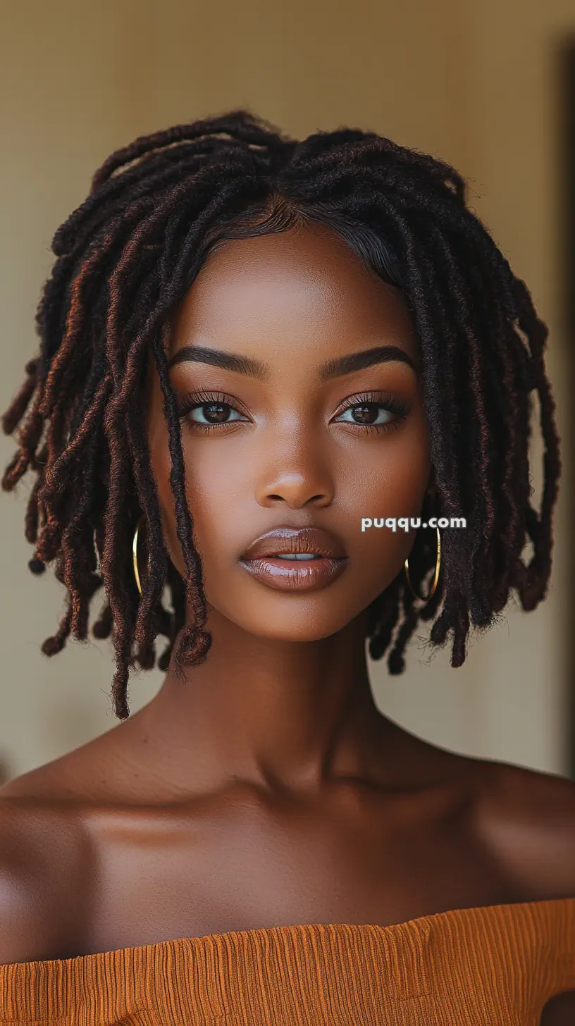 A woman with short dreadlocks, wearing hoop earrings and an off-shoulder top in a warm-toned setting.
