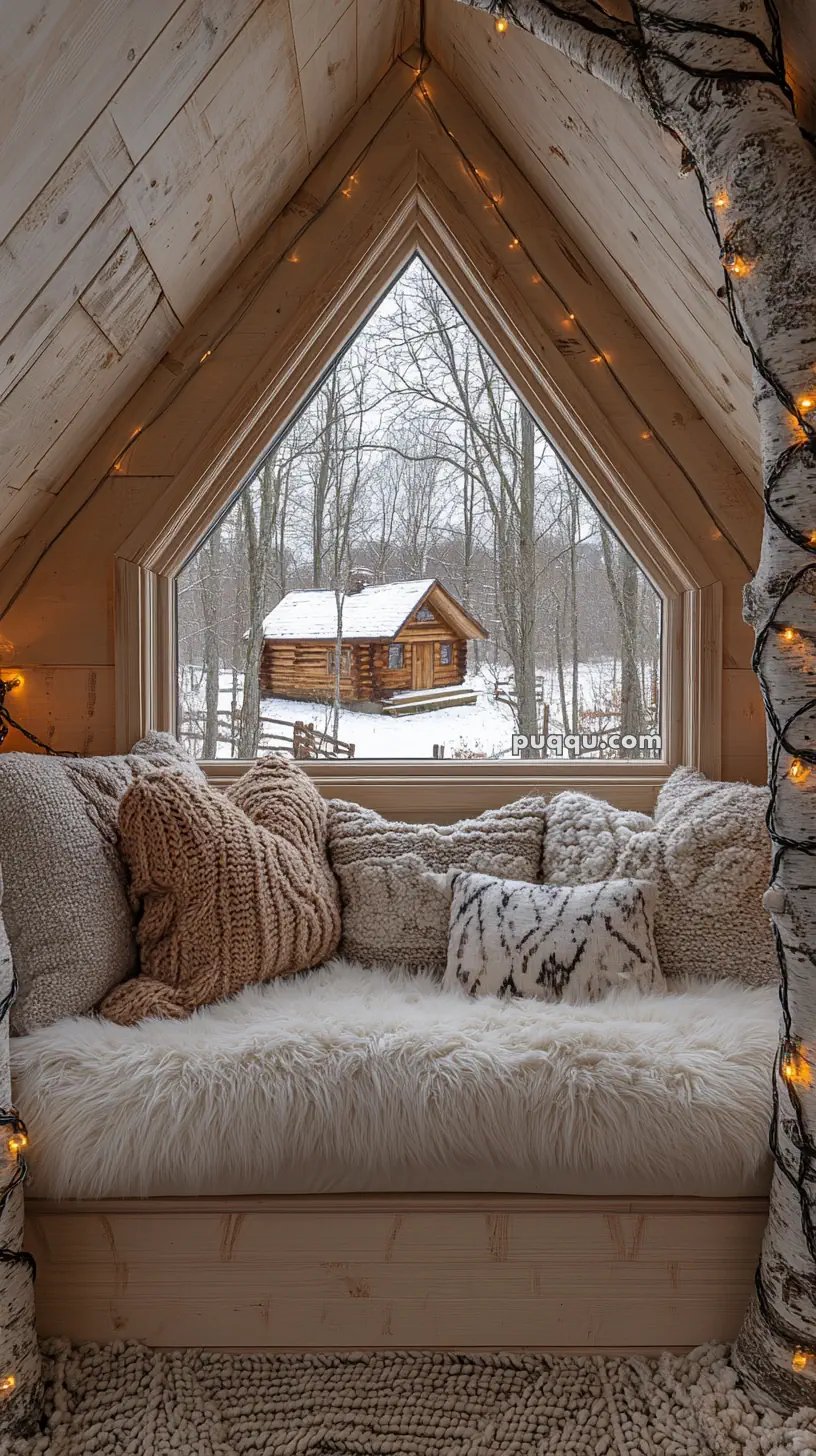Cozy nook with plush cushions and blankets by a triangular window, overlooking a snowy landscape with a log cabin and trees adorned with fairy lights.