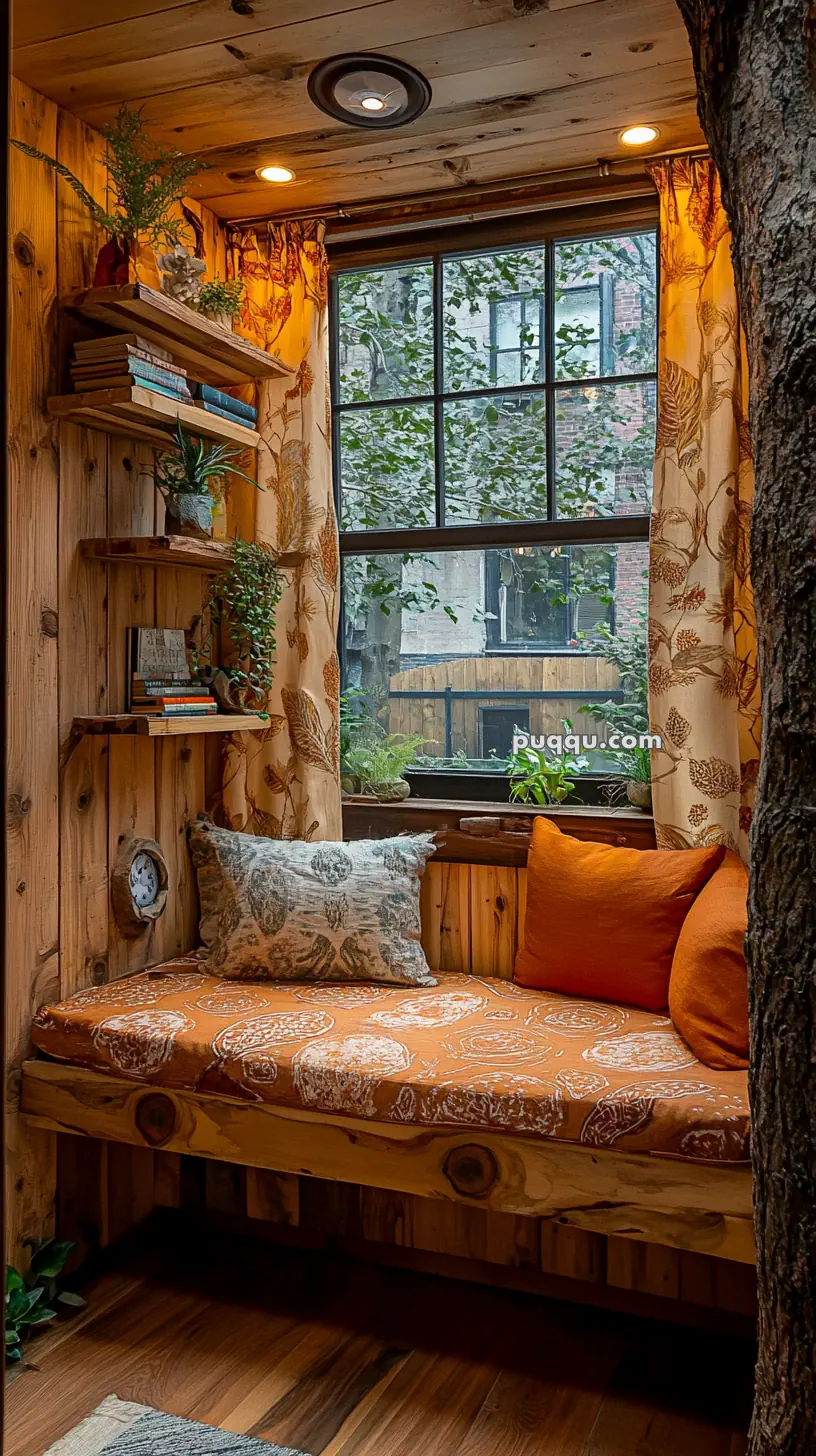 Cozy wooden nook with an orange cushioned bench, decorative pillows, plants, and books on shelves by a window with tree-patterned curtains.
