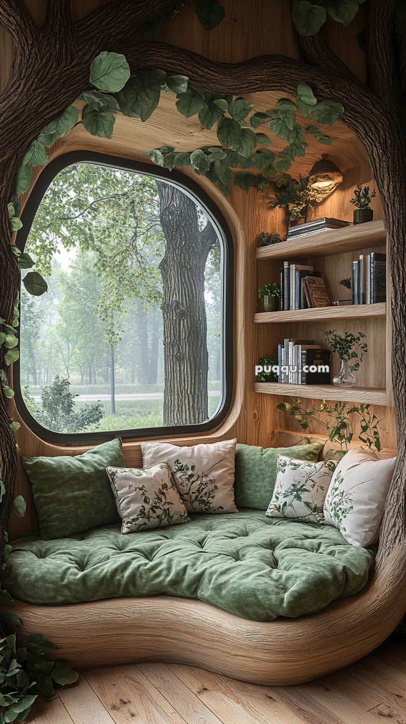 Cozy nook with green cushions and leafy decor, featuring a large window overlooking a forested view.