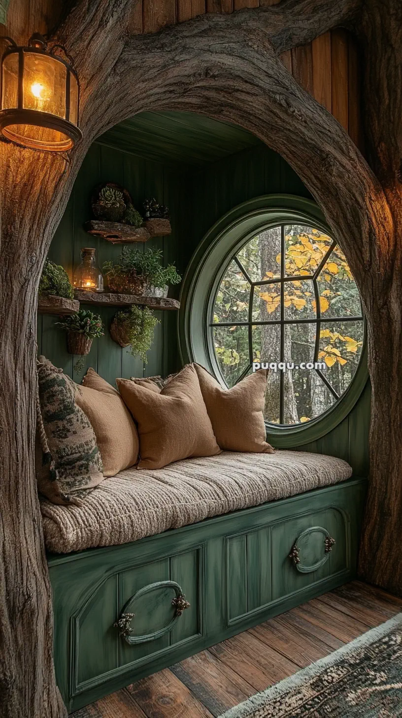 Cozy nook with a built-in bench, round window, rustic shelves with plants, and soft lighting.