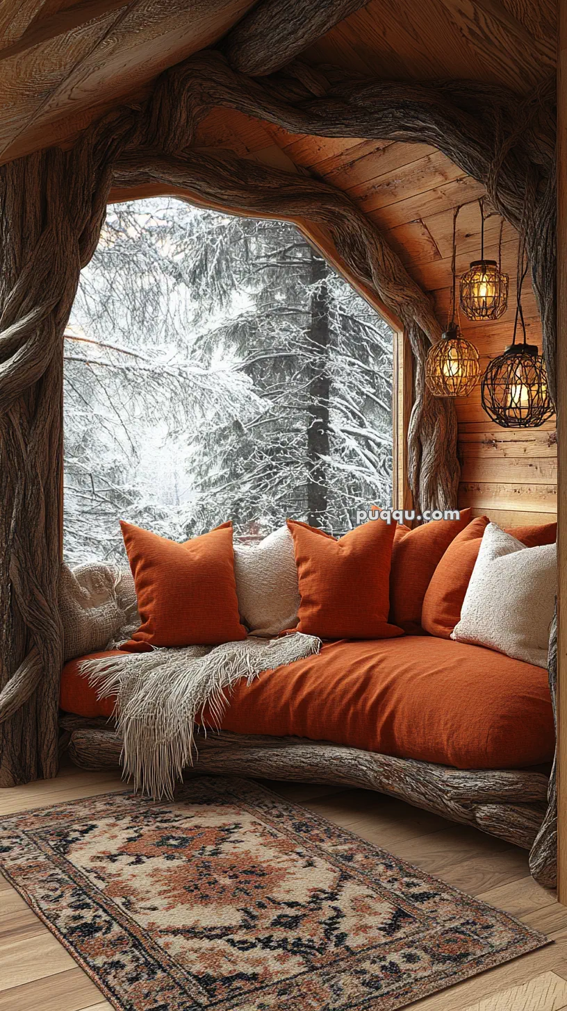 Cozy nook with a large window overlooking a snowy forest, featuring a rustic orange daybed, plush pillows, and warm lighting.