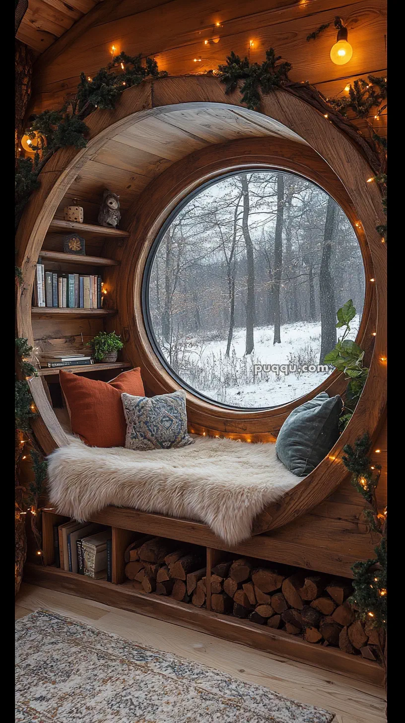 Cozy reading nook with a circular window overlooking a snowy forest, decorated with fairy lights and plush pillows.