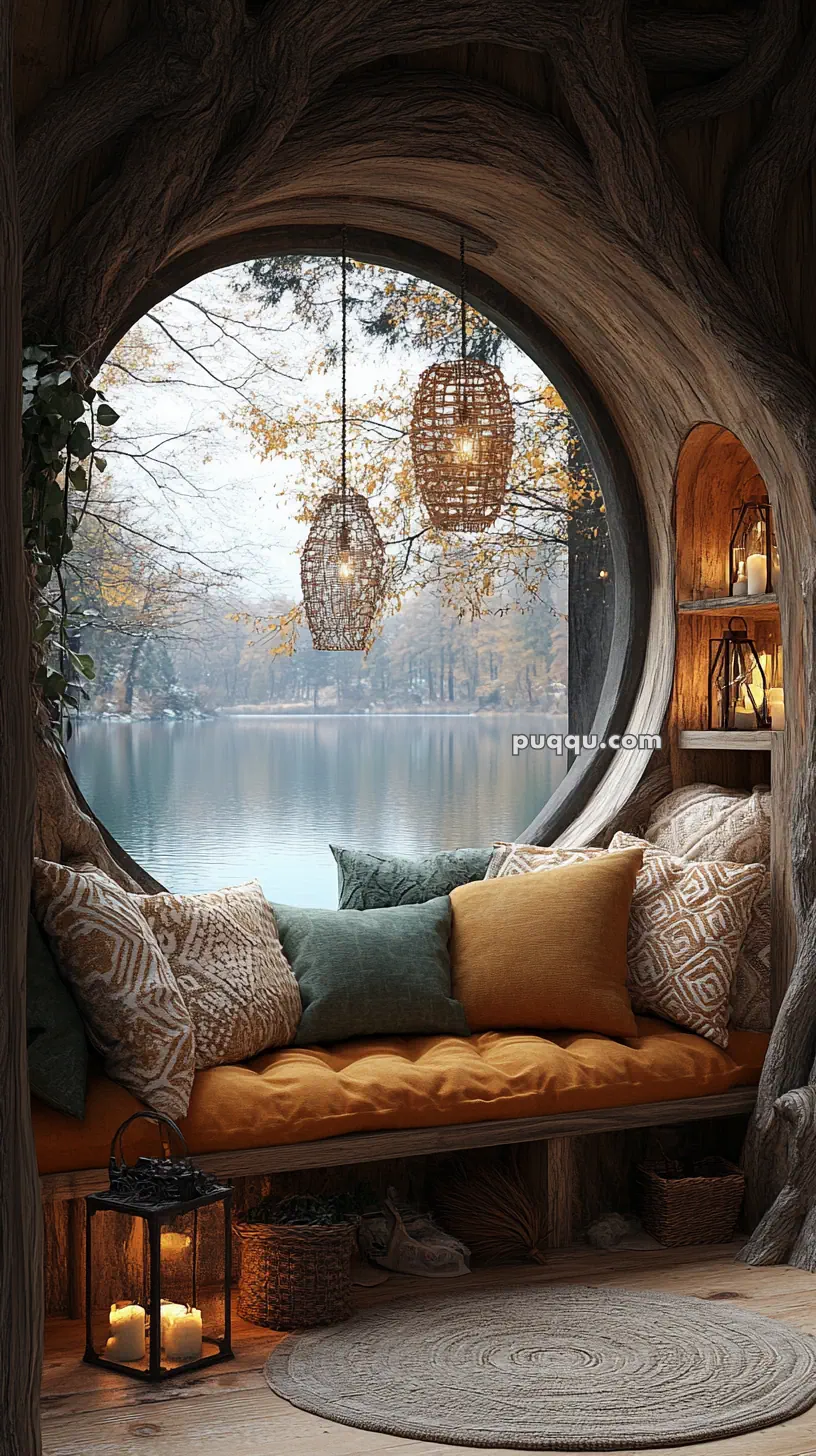 Cozy nook with a round window overlooking a lake, featuring a rustic bench with pillows, lanterns, and woven decorations, surrounded by tree-like wooden interior.