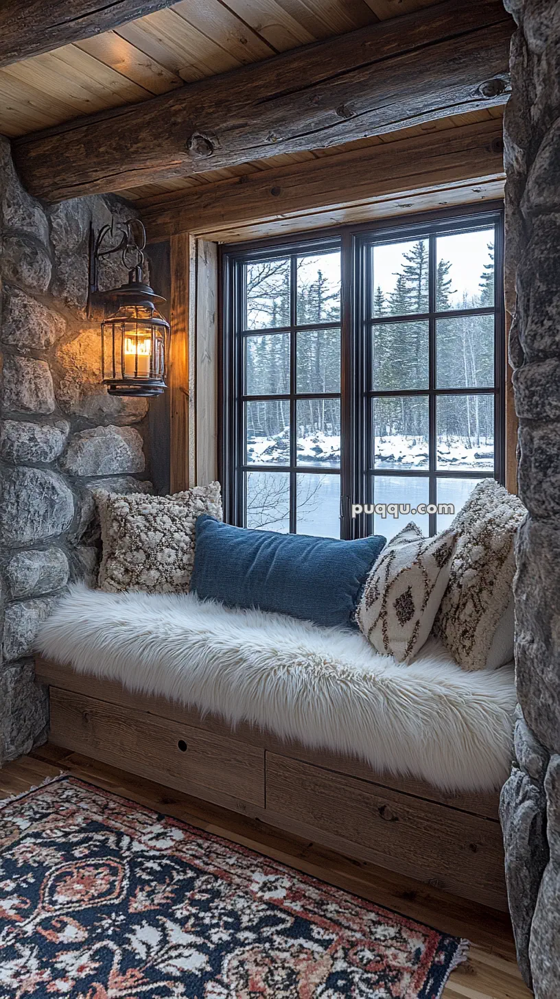 Cozy window nook with a bench covered in fluffy white fabric, decorated with patterned cushions, a rustic lantern on a stone wall, and a view of a snowy landscape through the window.