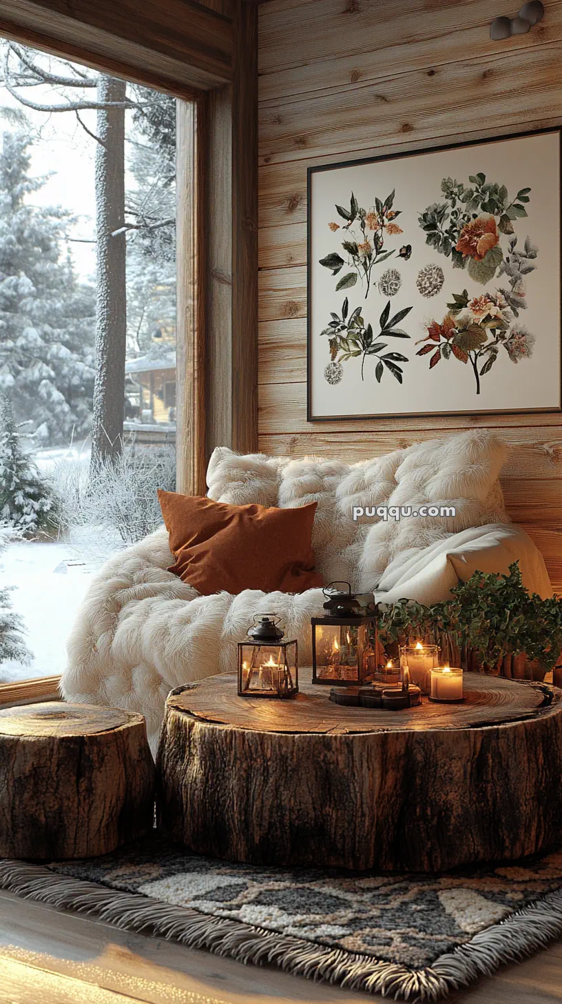Cozy interior with a fur-covered chair, wooden stump tables with candles and lanterns, a floral artwork on the wall, and a snowy forest view through large windows.