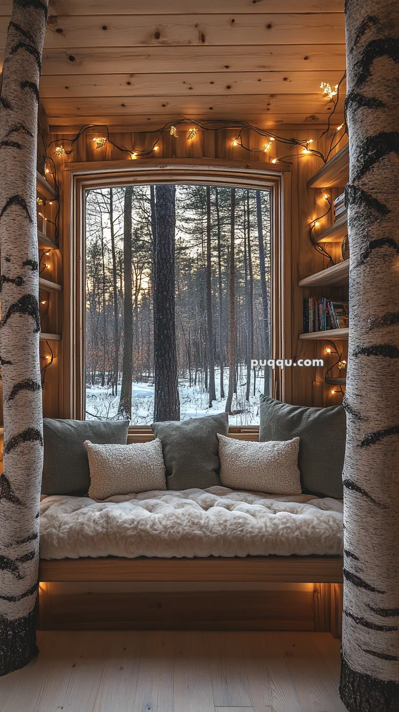 Cozy wooden nook with a cushioned seat, pillows, fairy lights, and a window view of a snowy forest.