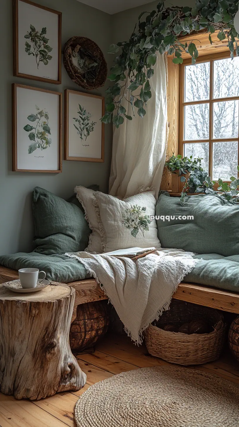 Cozy corner with green cushions, a wooden bench, botanical wall art, and a window framed by plants, featuring a rustic wooden stump as a table with a cup placed on it.