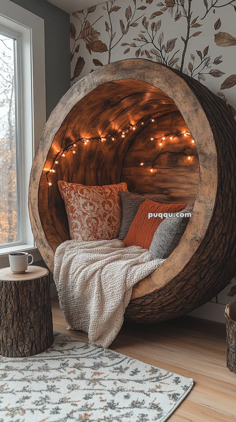 Cozy reading nook crafted from a hollow tree trunk with cushions, a blanket, and string lights, next to a window and a small wooden coffee table.
