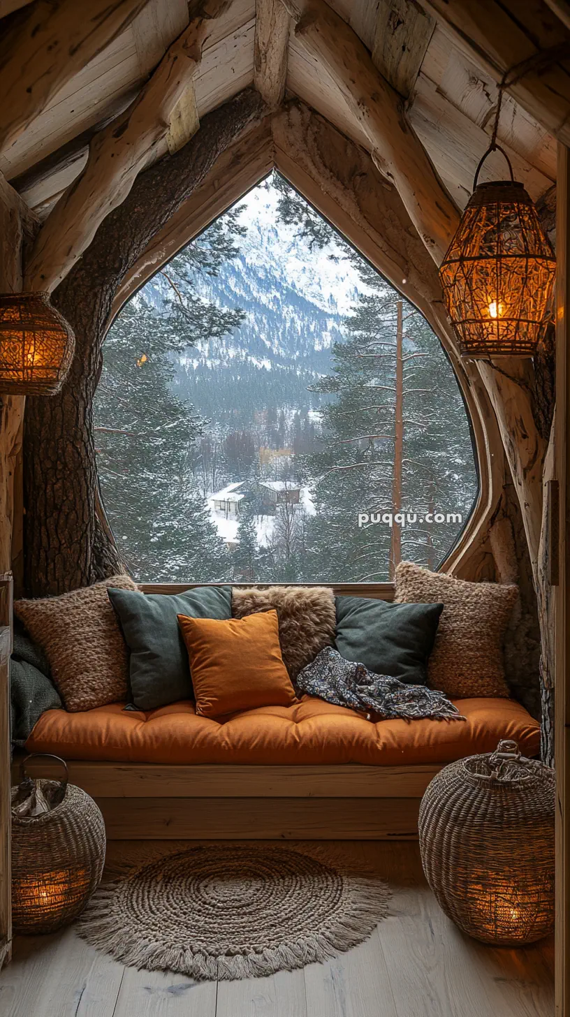 Cozy wooden alcove with orange cushions, wicker lamps, and a large window offering a snowy mountain view.