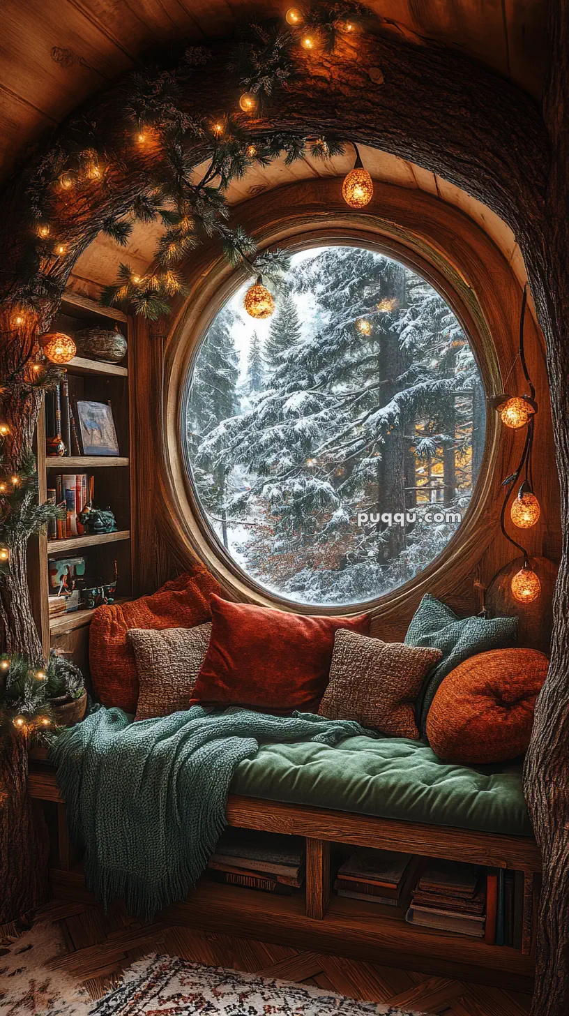 Cozy window seat with pillows and blankets, surrounded by warm string lights, overlooking a snowy forest.