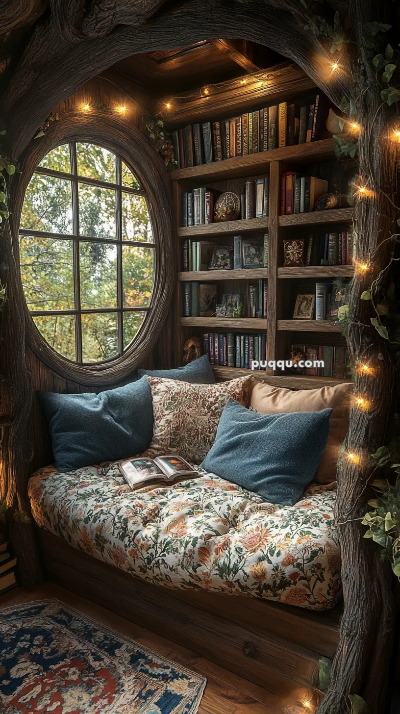 Cozy reading nook with a round window, bookshelves, a cushioned bench covered in floral fabric, blue and patterned pillows, and ambient string lights.
