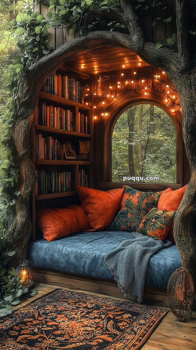 Cozy reading nook with a tree frame, bookshelves, warm lights, and a cushioned seating area with colorful pillows, set against a window showing a forest view.