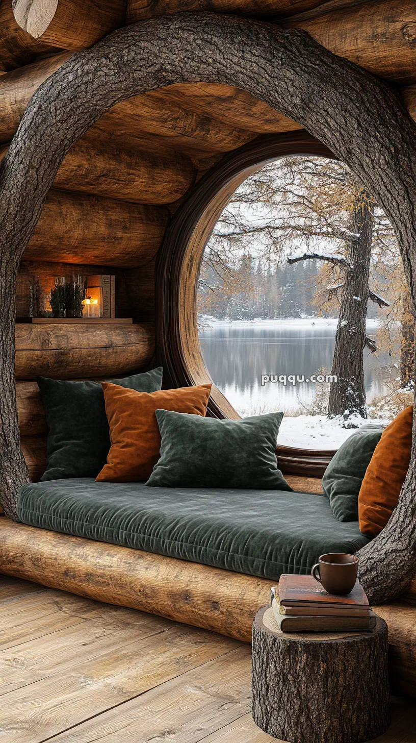 Cozy log cabin interior with a round window overlooking a snowy lake, featuring a cushioned daybed with green and orange pillows and a small wooden side table with books and a mug.