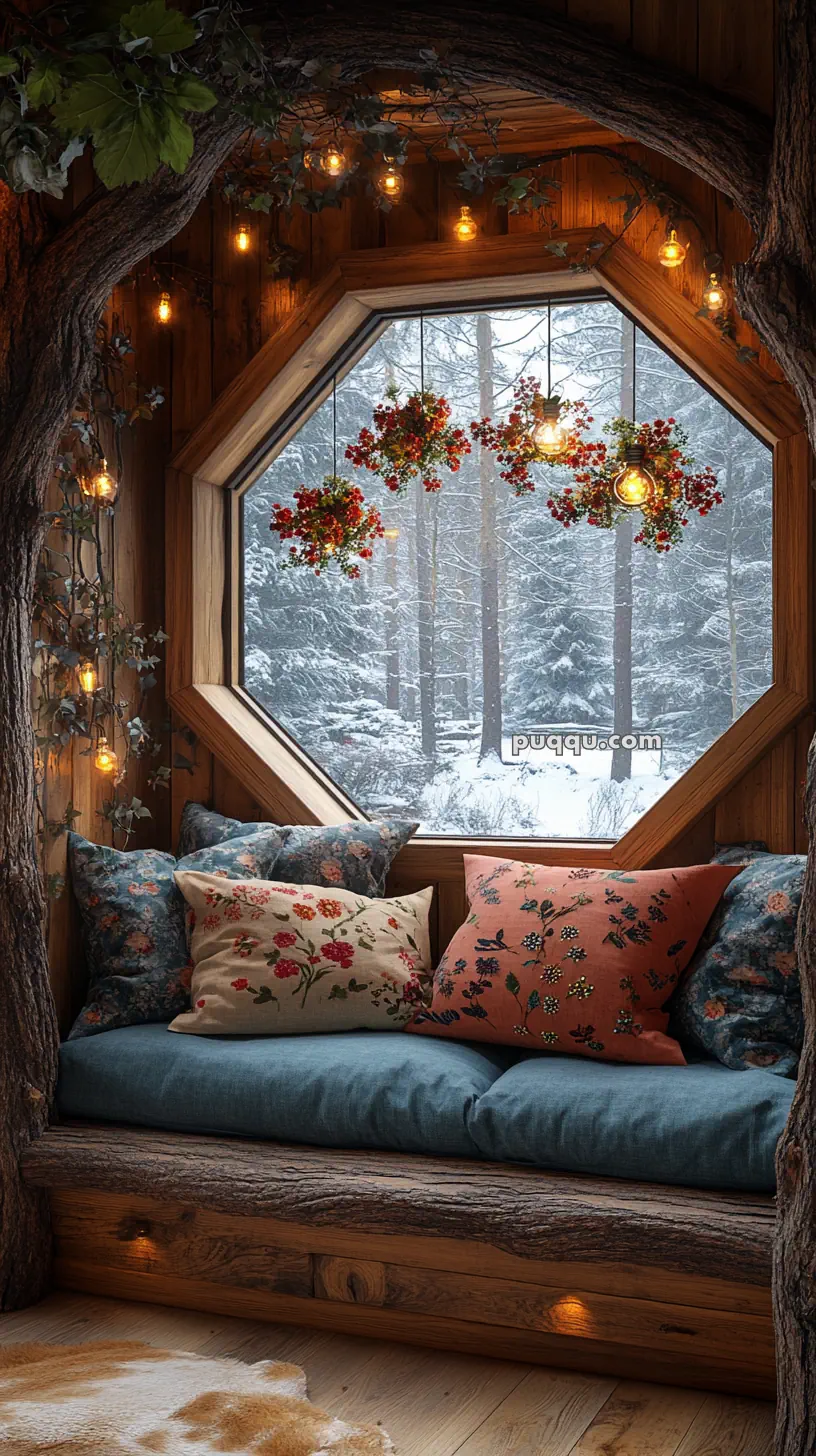 Cozy nook with a blue cushioned bench and floral pillows, surrounded by wooden walls and fairy lights, overlooking a snowy forest through a large octagonal window adorned with hanging flowers.