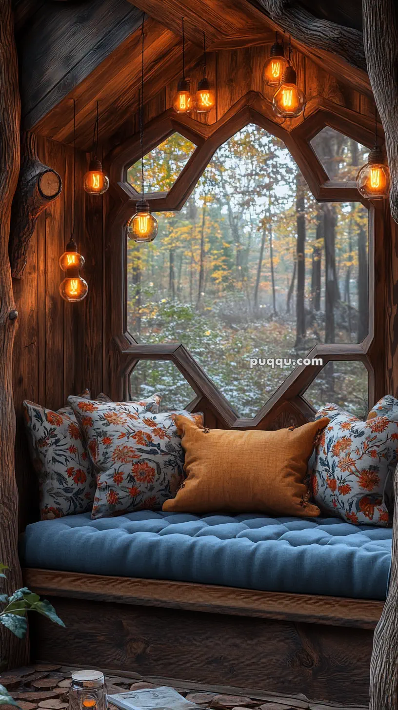 Cozy wooden nook with a blue cushioned bench, floral pillows, and warm hanging lights, overlooking a forest through a geometric window.