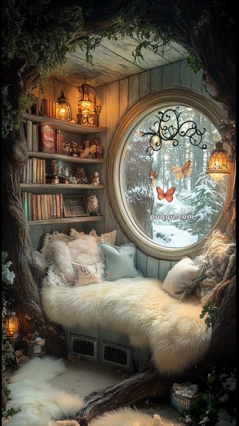 Cozy nook with a fluffy daybed, surrounded by tree-like structures, bookshelves, lanterns, and a large round window with a snowy forest view and butterflies.