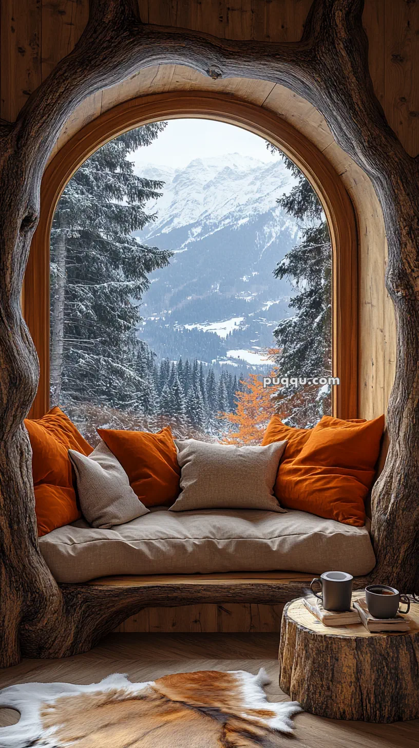 Cozy window nook with orange and beige pillows, framed by a rustic wooden arch, overlooking a snowy mountain landscape with fir trees.