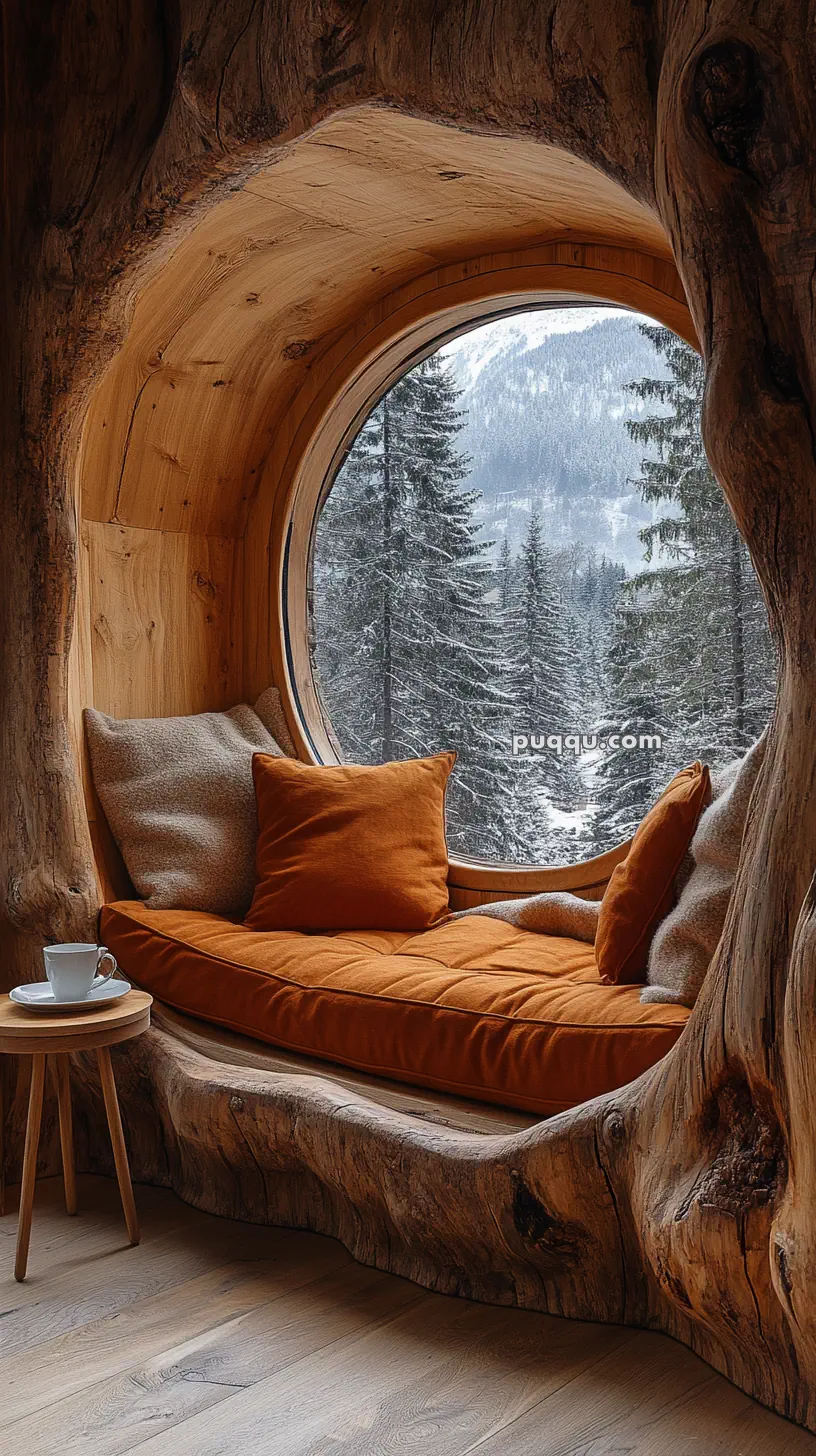 Cozy wooden nook with orange cushions and round window, overlooking a snowy forest landscape.