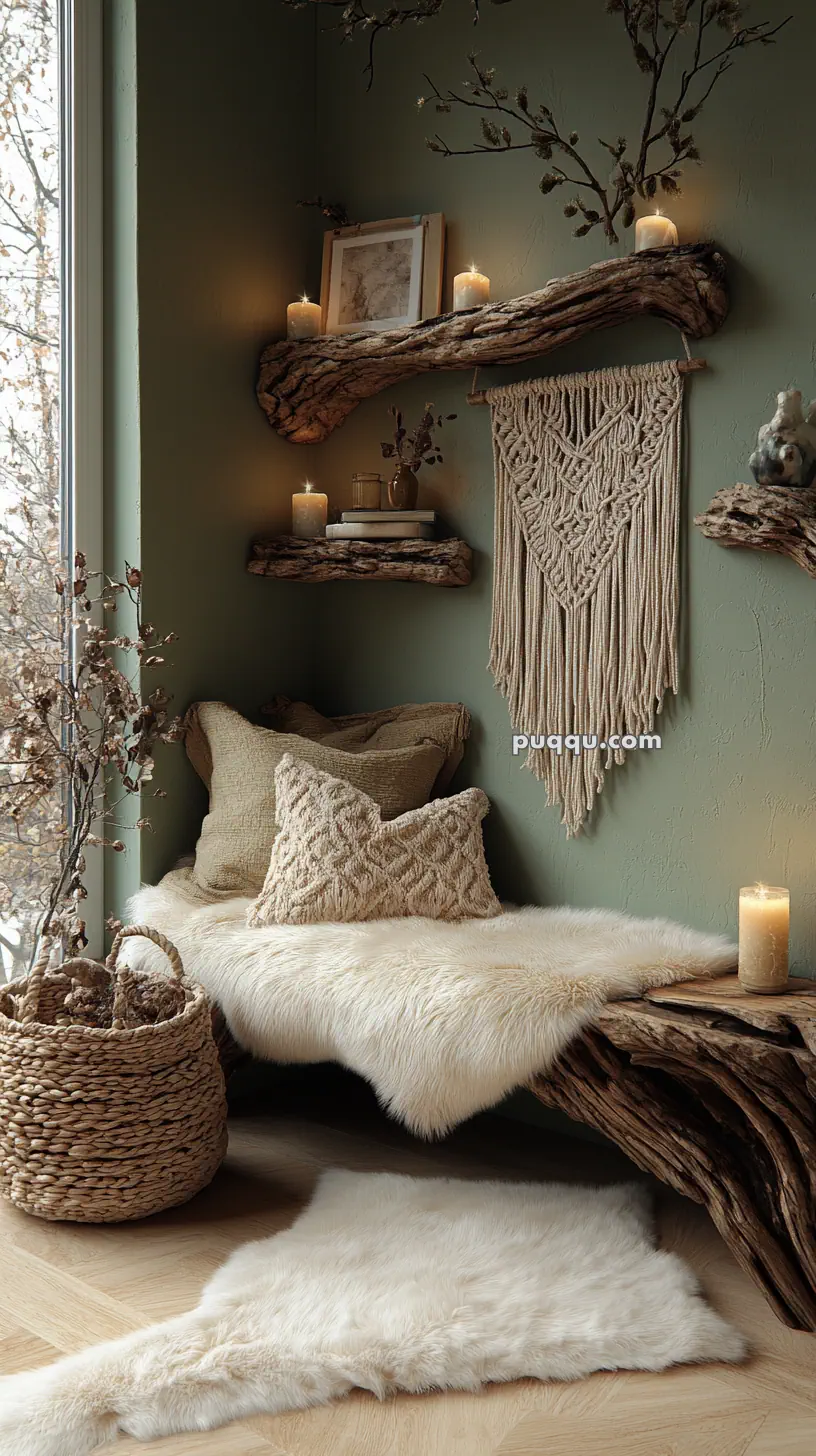 Cozy nook with fluffy pillows and throw, wooden shelves with candles and decor, macrame wall hanging, and a basket with dried branches.
