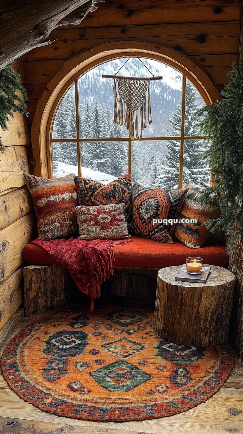 Cozy cabin nook with colorful pillows on a bench, a round patterned rug, a candle on a log table, and a snowy mountain view through an arched window.