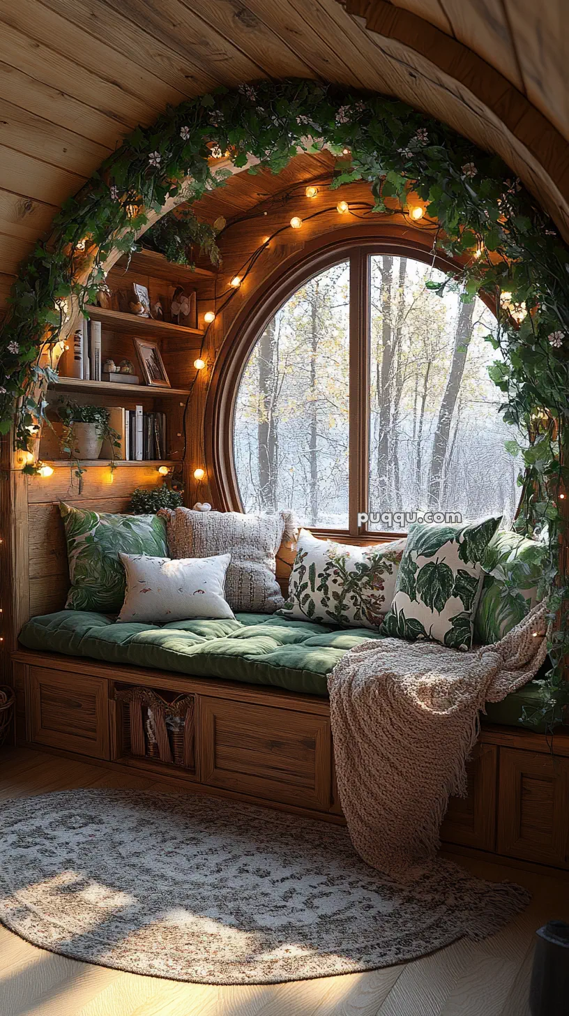 Cozy nook with a round window, adorned with hanging plants and string lights, featuring a cushioned bench with patterned pillows and wooden shelves displaying books and decor.