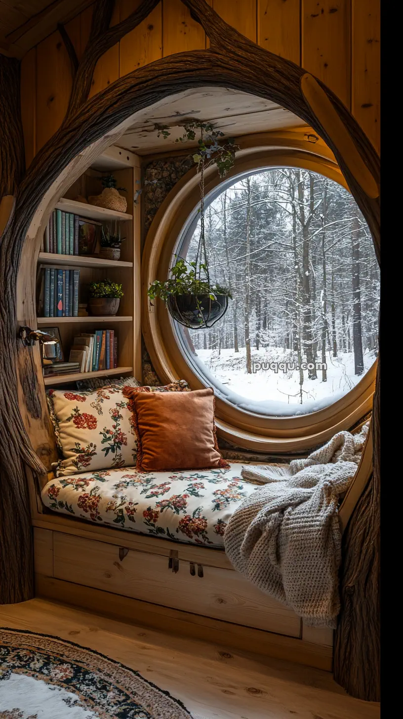Cozy reading nook with floral cushions and a round window overlooking a snowy forest, surrounded by wooden shelves filled with books and plants.