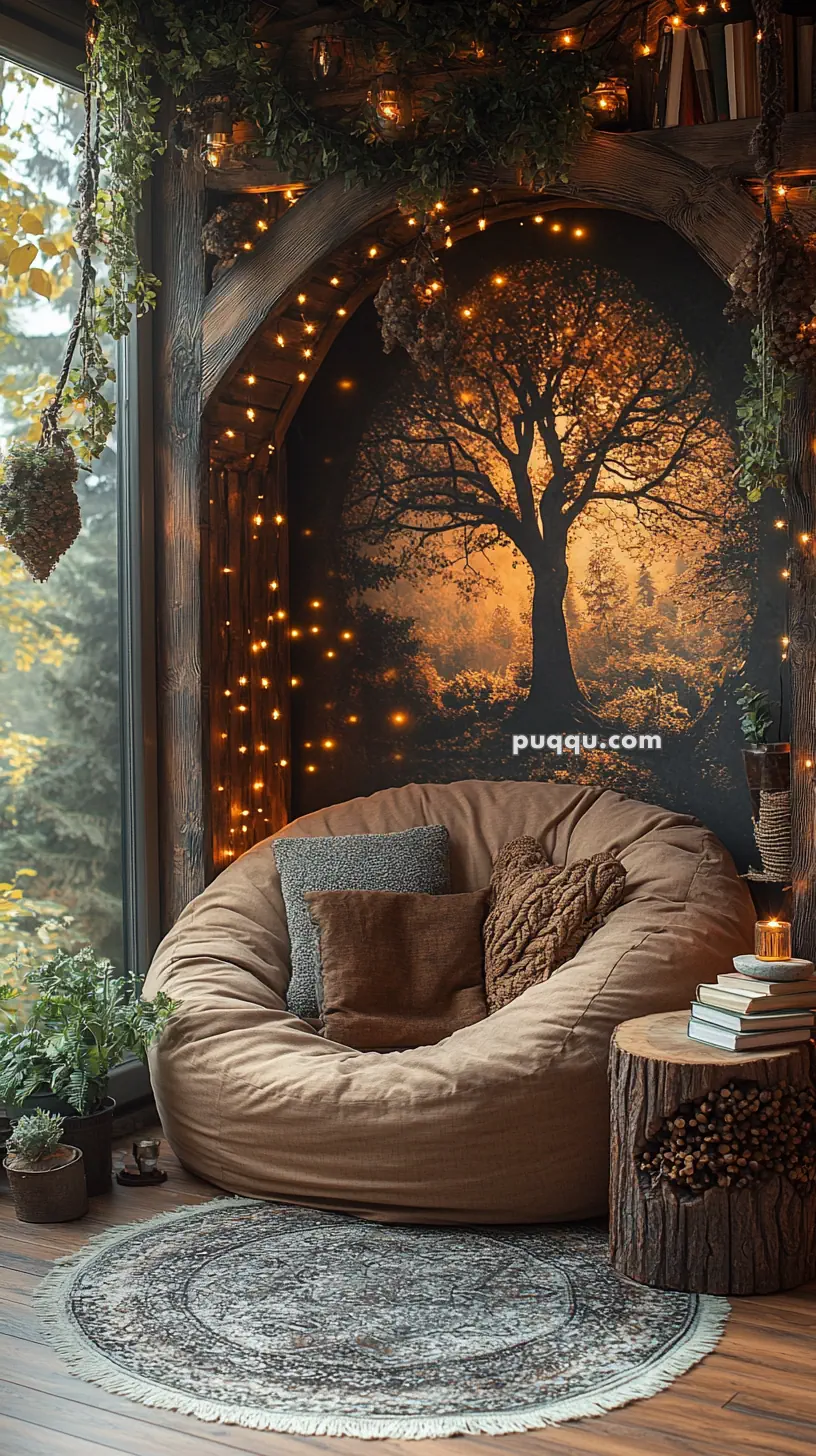 Cozy nook with a large cushioned chair, fairy lights, tree wall art, books on a wooden stump table, and potted plants.