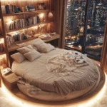 A cozy bedroom with a round bed covered in soft beige linens, surrounded by a circular illuminated fringe and fluffy rug, featuring wooden shelves filled with books and decor against a large window showing a city skyline at night.