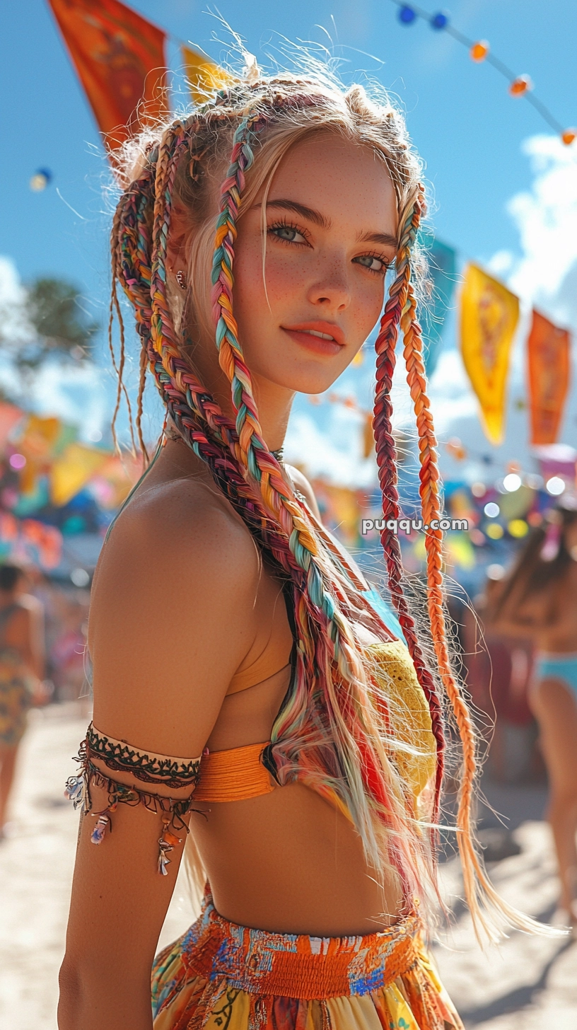 A woman with colorful braided hair poses at an outdoor festival, wearing a yellow top and bohemian accessories. Bright flags and a clear blue sky are visible in the background.