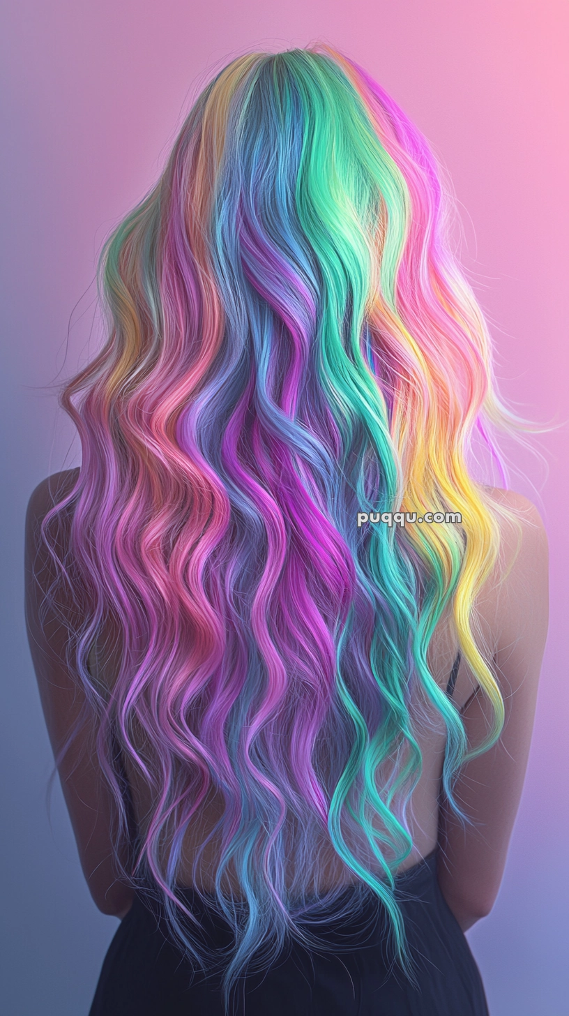 A person with long, wavy hair dyed in vibrant rainbow colors, including green, pink, blue, and yellow, stands against a pink background.