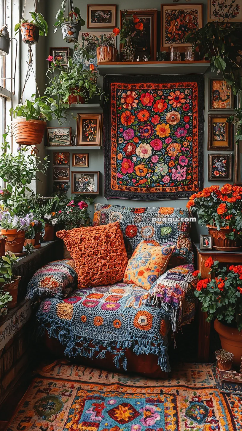 A cozy corner filled with potted plants, vibrant crocheted blankets, and throw pillows adorns an armchair, surrounded by colorful framed artwork on the walls. The setting exudes a bohemian aesthetic with a tapestry of vivid floral patterns hanging above the chair.