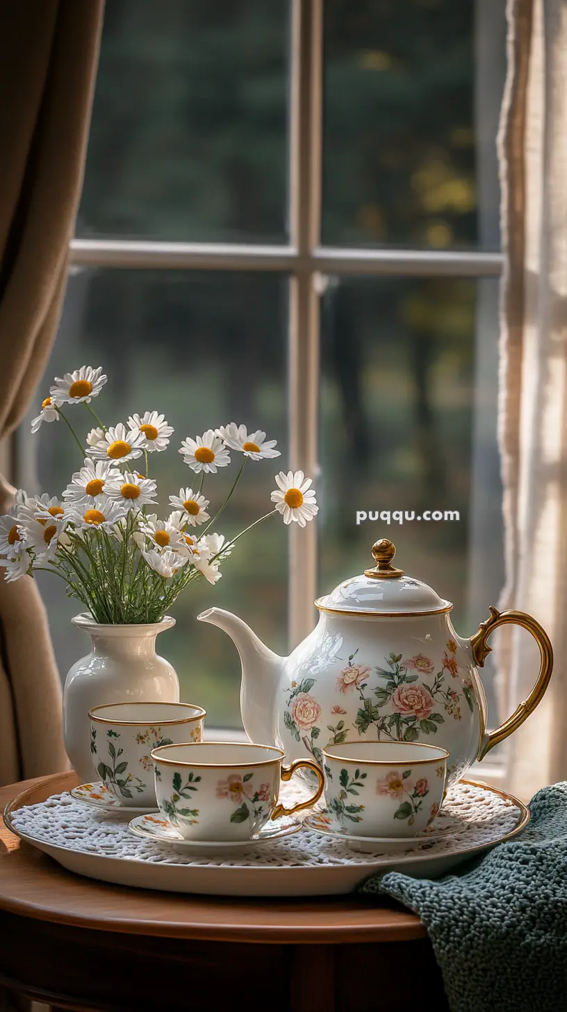 A floral-patterned tea set with a teapot and two teacups on saucers, alongside a vase of daisies, placed on a wooden table in front of a window.