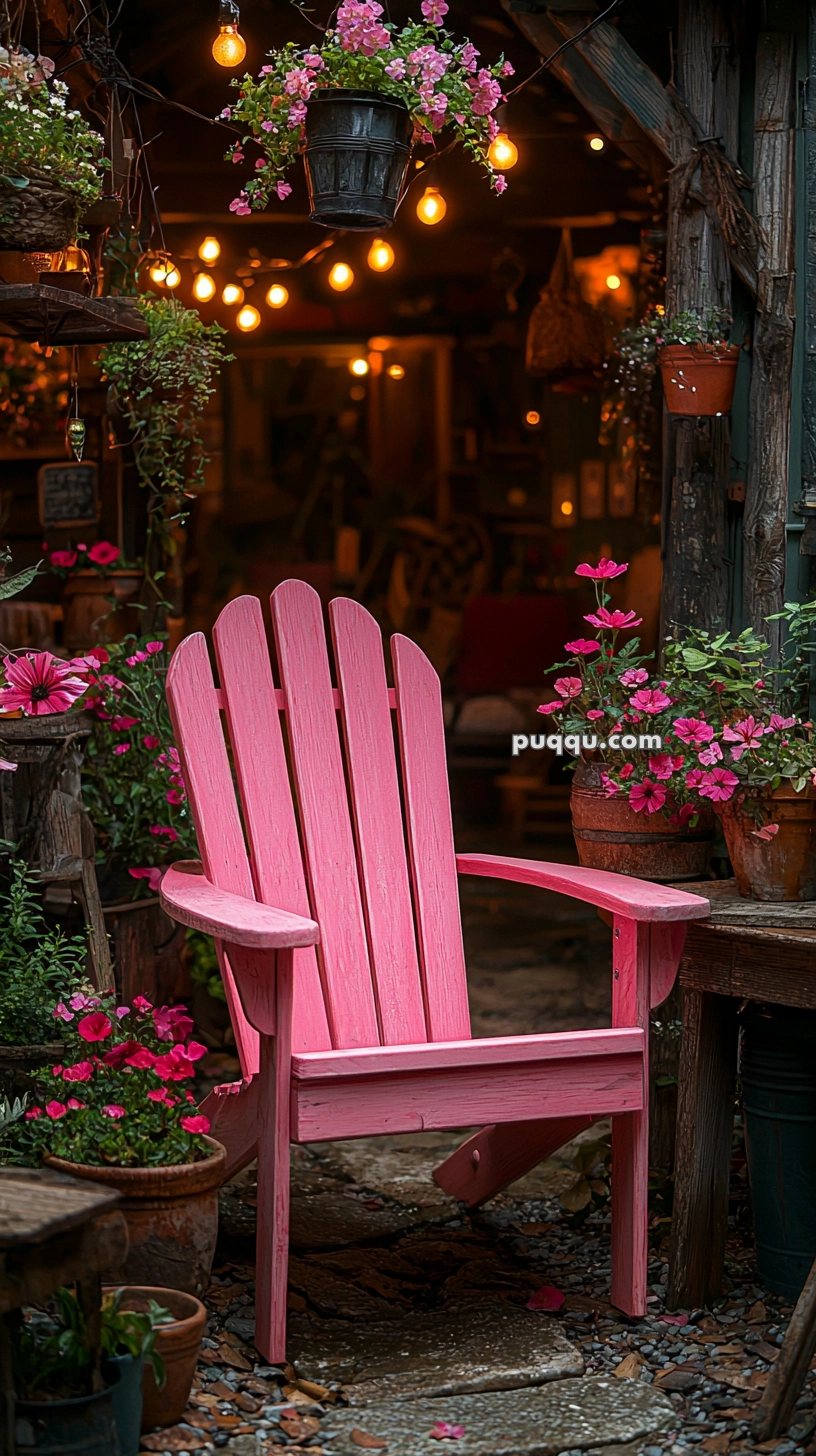 A bright pink Adirondack chair set in a cozy garden atmosphere, surrounded by various potted plants and flowers, with string lights glowing warmly in the background.