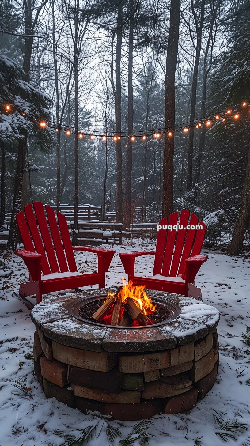 Two red Adirondack chairs facing a burning fire pit, surrounded by a snowy forest, with string lights hanging between the trees.