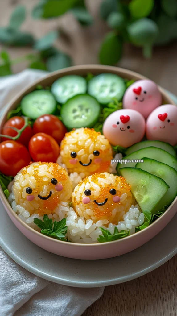 A colorful bento box with cute rice balls decorated with smiling faces, surrounded by cherry tomatoes, cucumber slices, and pink boiled eggs with heart designs, garnished with fresh parsley.