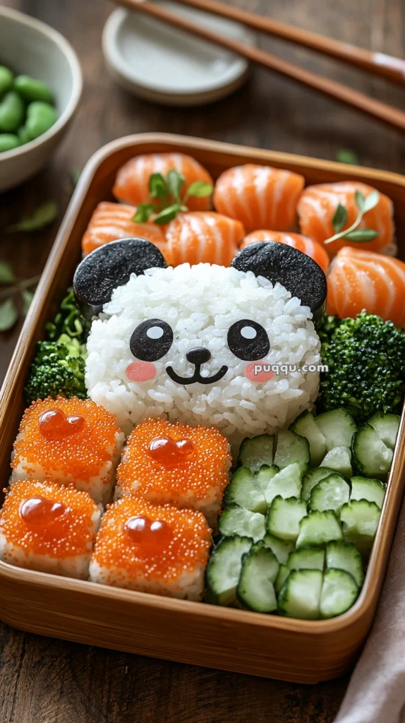 A bento box featuring a rice ball shaped like a panda face with seaweed details, surrounded by sushi with salmon slices, broccoli florets, diced cucumbers, and rice topped with orange fish roe.