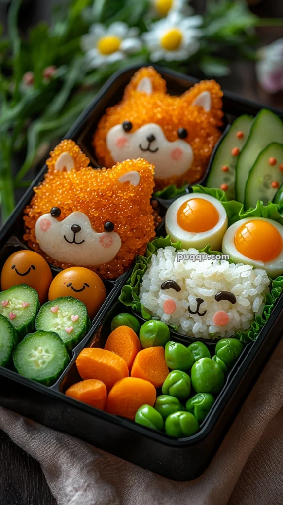 A cute bento box featuring rice balls shaped like animals, including orange fish roe foxes and a white rice sheep, accompanied by vegetables such as cucumber slices, smiling cherry tomatoes, carrot pieces, and peas, arranged neatly in different compartments.
