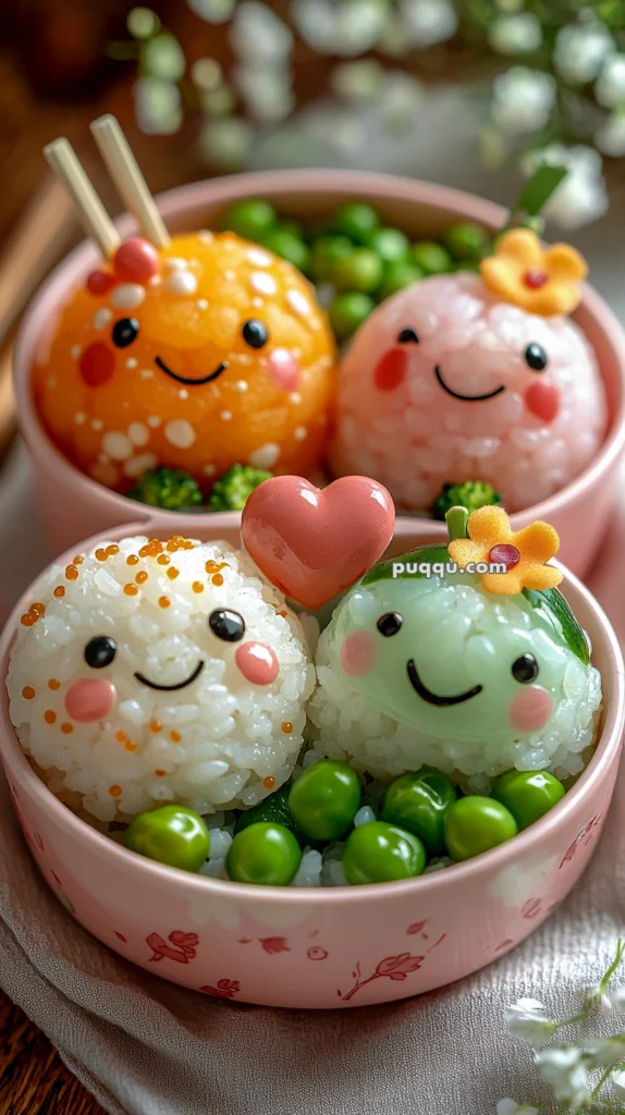Cute, colorful rice balls with smiling faces and decorative features, surrounded by green peas and placed in pink bowls.