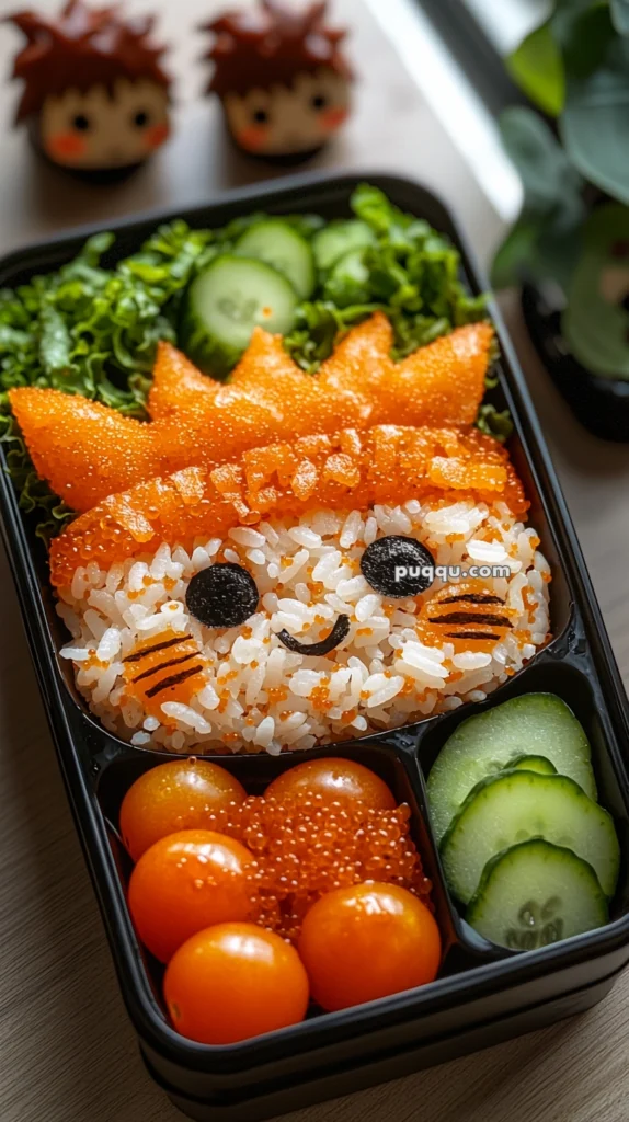 A bento box with rice shaped into a character's face, garnished with seaweed and fish roe for facial features, surrounded by cucumber slices, lettuce, and cherry tomatoes.