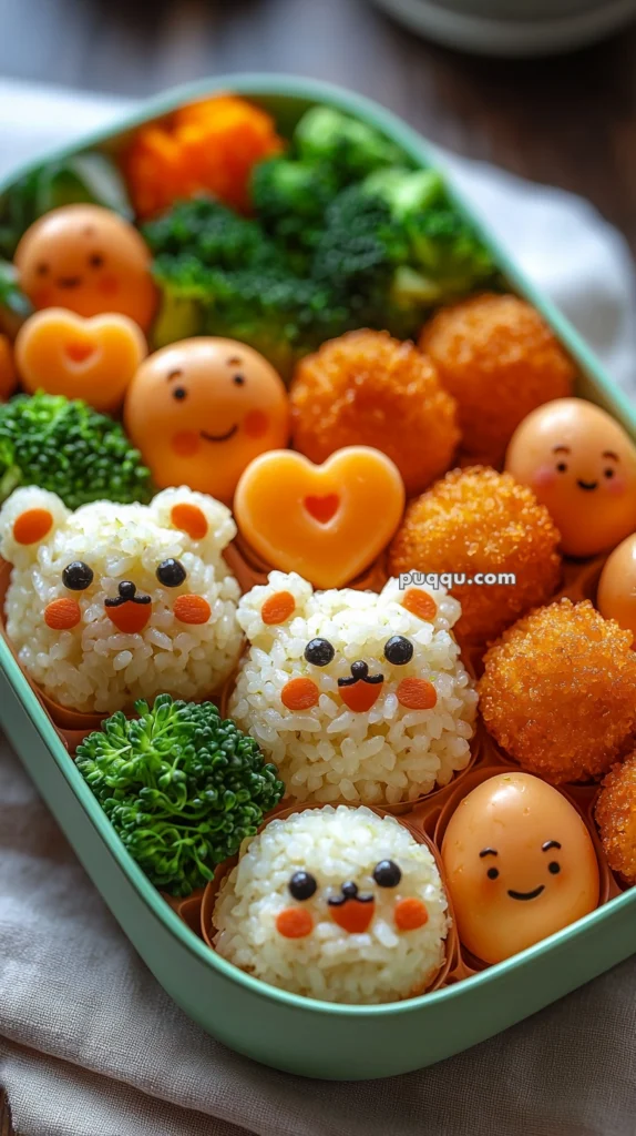 A colorful bento box featuring rice shaped like cute animal faces, surrounded by broccoli, smiley-faced boiled eggs, and orange-colored croquettes, with a heart-shaped piece of cheese or fruit on top.