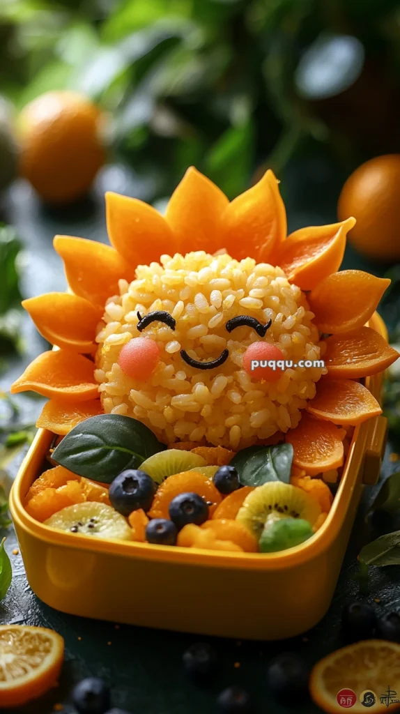 A bento box featuring a smiling sun made from rice, with orange pepper slices as sun rays, surrounded by an assortment of fruits including blueberries, orange slices, and kiwi, accented with green leaves.