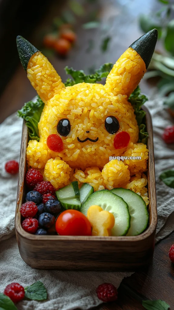 A bento box featuring rice shaped like a Pikachu character, with ears made from nori and yellow rice, surrounded by fresh vegetables and fruits such as cucumber slices, cherry tomatoes, blueberries, and raspberries.