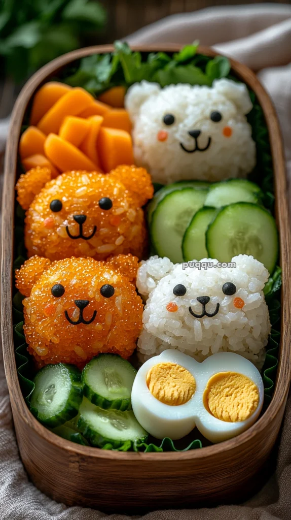 A bento box featuring cute rice balls shaped like bears, accompanied by sliced cucumbers, boiled egg slices, and sliced carrots.